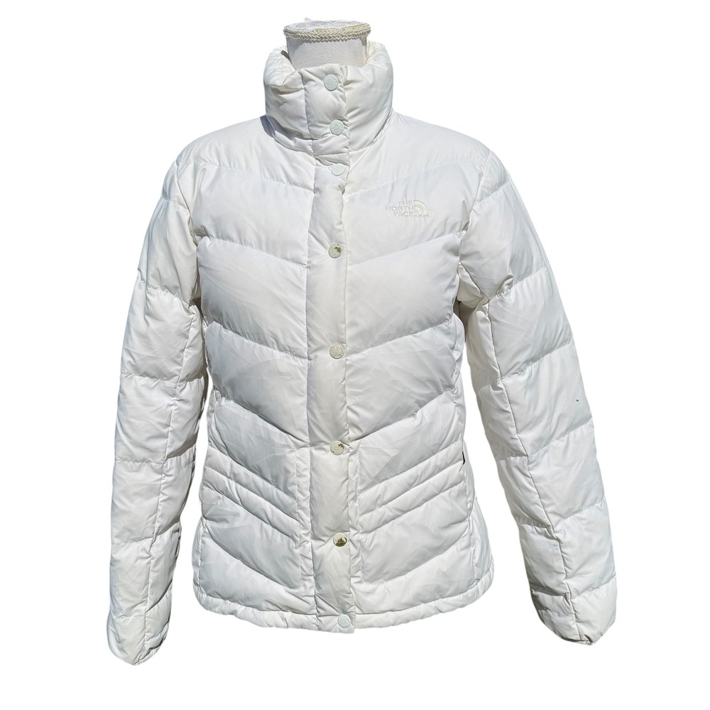 The North Face 700 Down Puffer Jacket Womens Medium White‎ Chevron Snap Coat